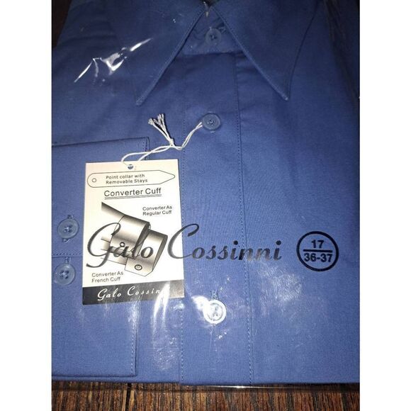 New Mens Size 17 36/37 Galo Cossinni Blue Long Button Front Dress Shirt NWT - Picture 2 of 4